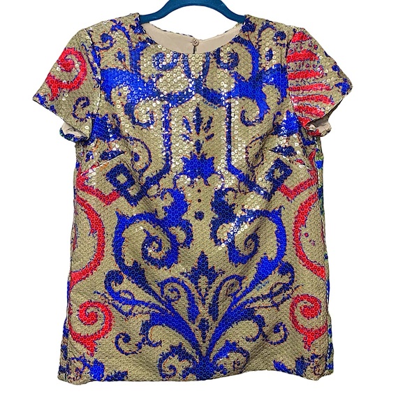 Sequin Shirt Blouse Tan Red Blue Baroque Sz 40 Short Sleeve Crew Party Event Top - Picture 1 of 16